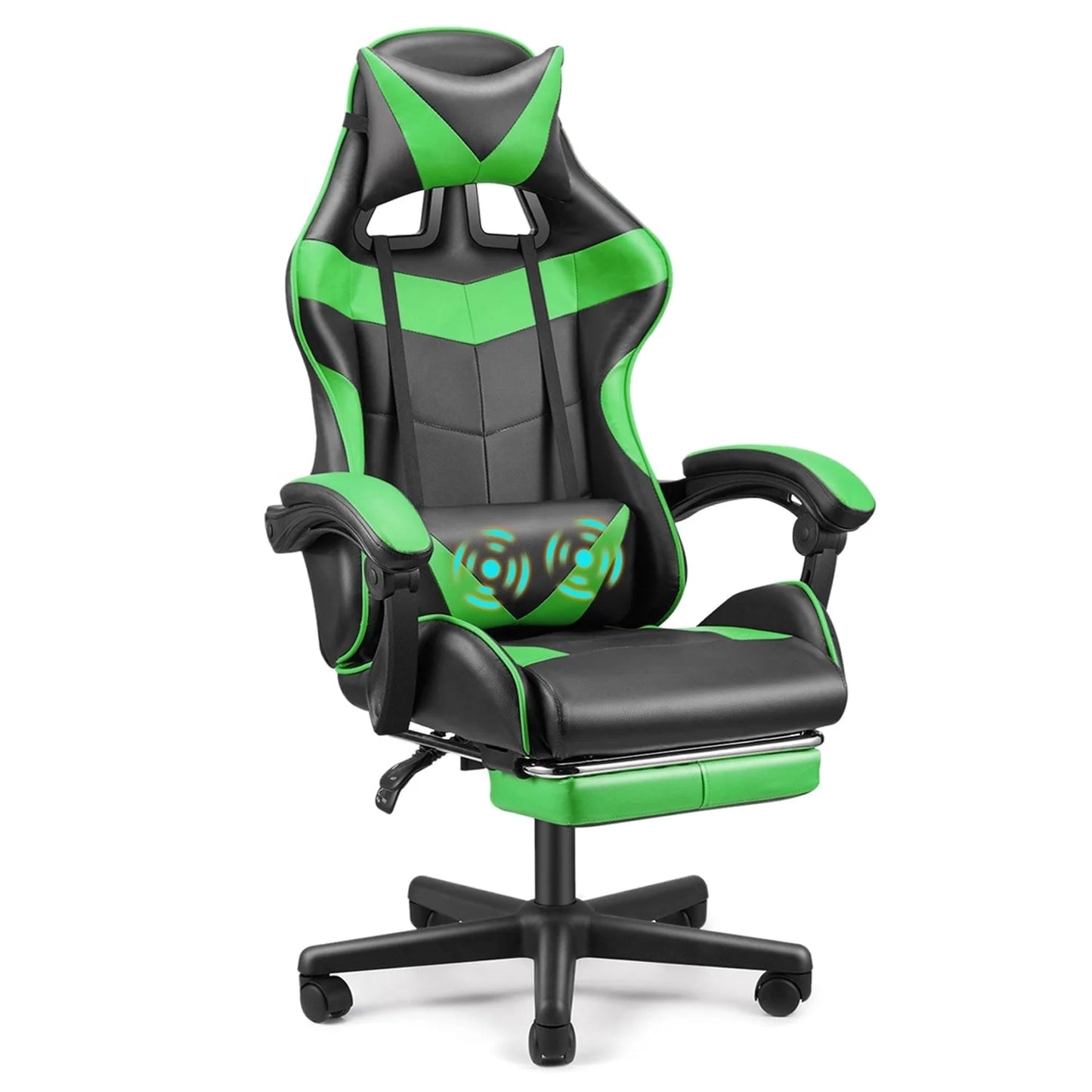 Green and black gaming chair with massage lumbar support and footrest, perfect for PC setup