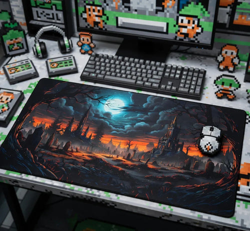Retro gaming desk setup with 8-bit pixel art decor, RGB keyboard, and a large fantasy landscape mouse pad.