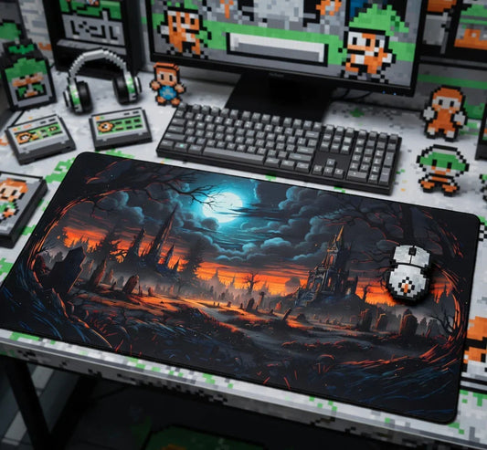 Retro gaming desk setup with 8-bit pixel art decor, RGB keyboard, and a large fantasy landscape mouse pad.
