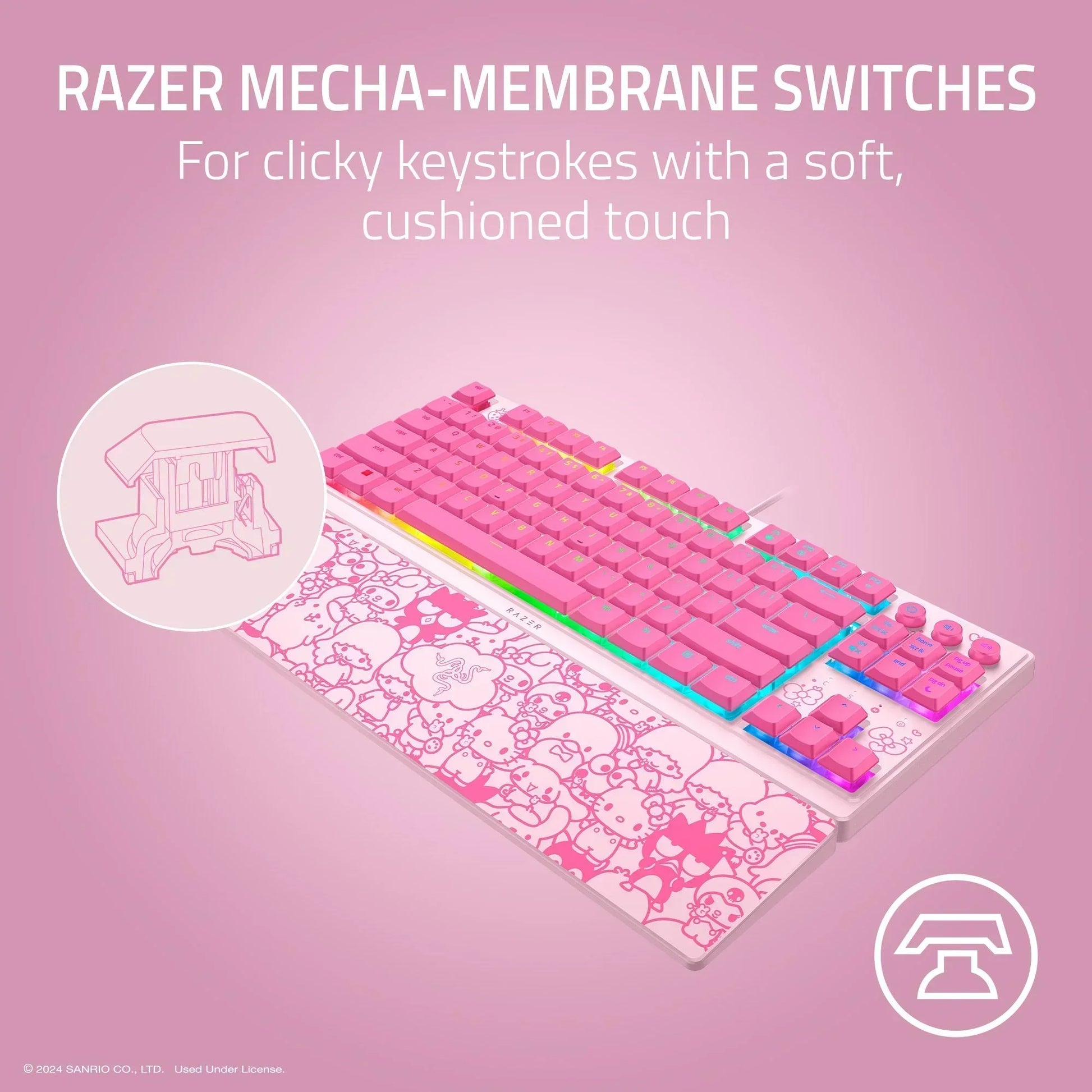 Pink Razer gaming keyboard with Hello Kitty wrist rest, RGB lighting, and Mecha-Membrane switches.