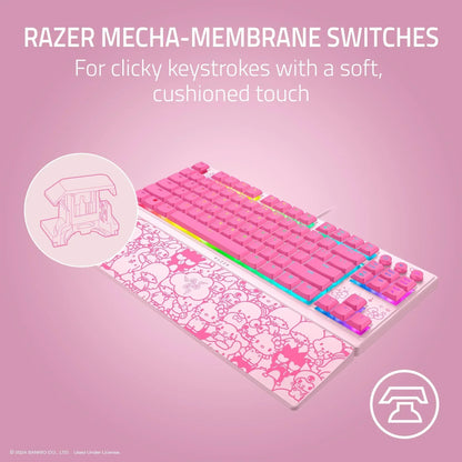 Pink Razer gaming keyboard with Hello Kitty wrist rest, RGB lighting, and Mecha-Membrane switches.