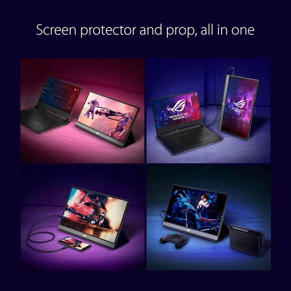 Four setups showing portable gaming monitor used with laptops, phone, and game controller in different orientations