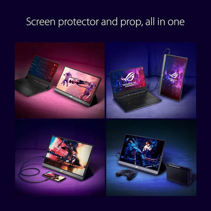 Four setups showing portable gaming monitor used with laptops, phone, and game controller in different orientations