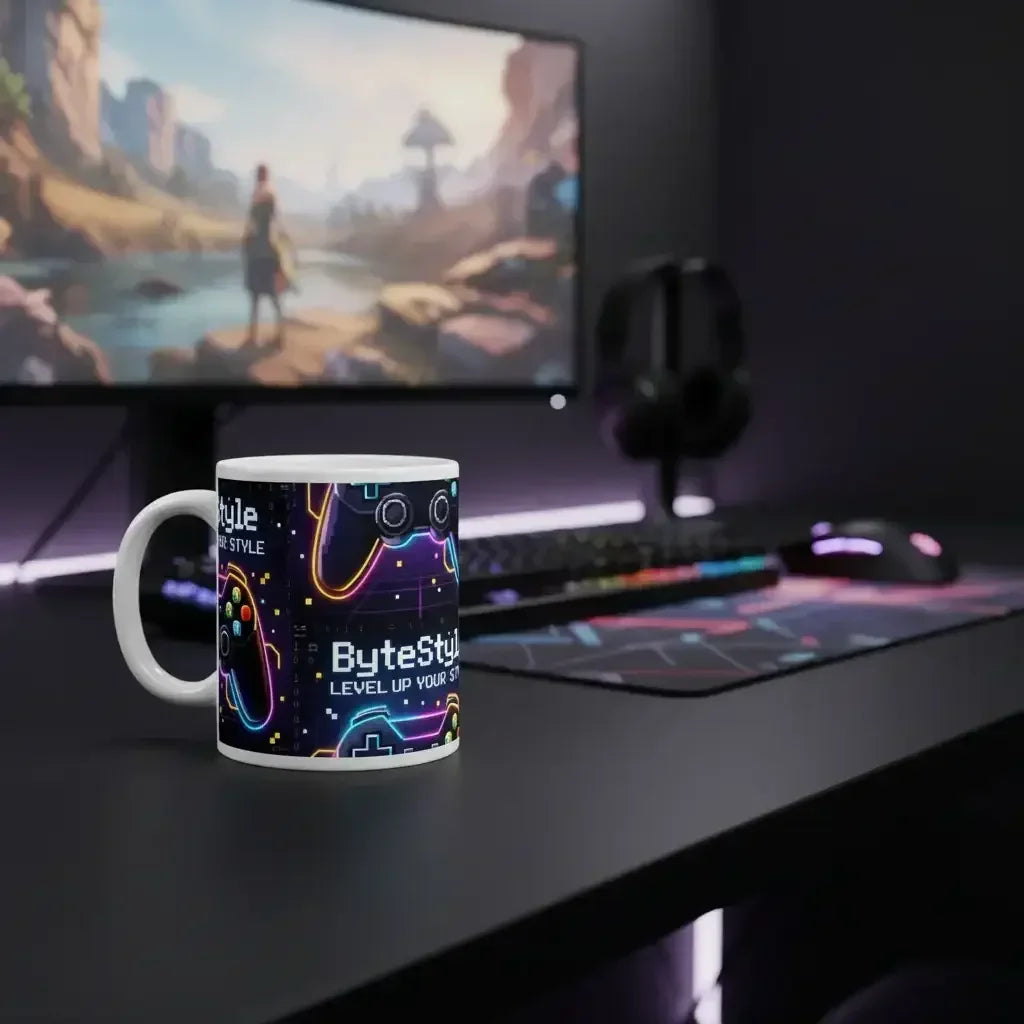 Gaming desk setup with ByteStyle gaming mug, RGB keyboard, mouse, headset, and game on monitor