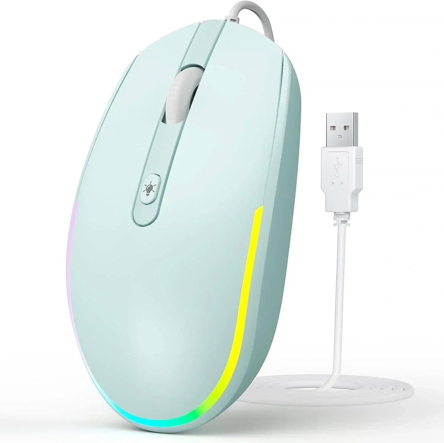 Mint green wired gaming mouse with USB connector and RGB lighting, isolated on white.