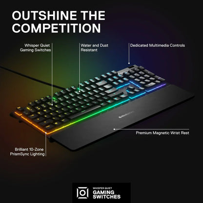 RGB-backlit SteelSeries gaming keyboard with wrist rest and feature highlights from Byte Style