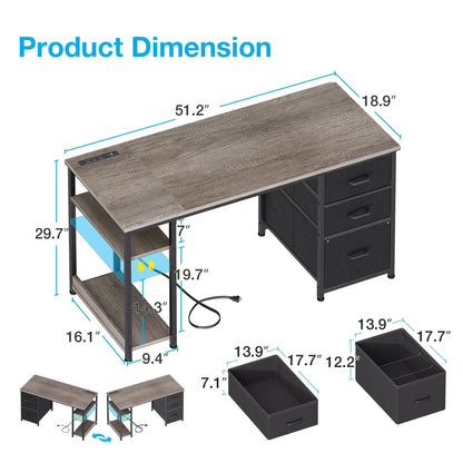 51 Inch Computer Desk with File Drawers & USB Power Outlets- Reversible Home Office Desk with Storage Shelves, Work from Home, Writing Table for Bedroom, Gray Oak