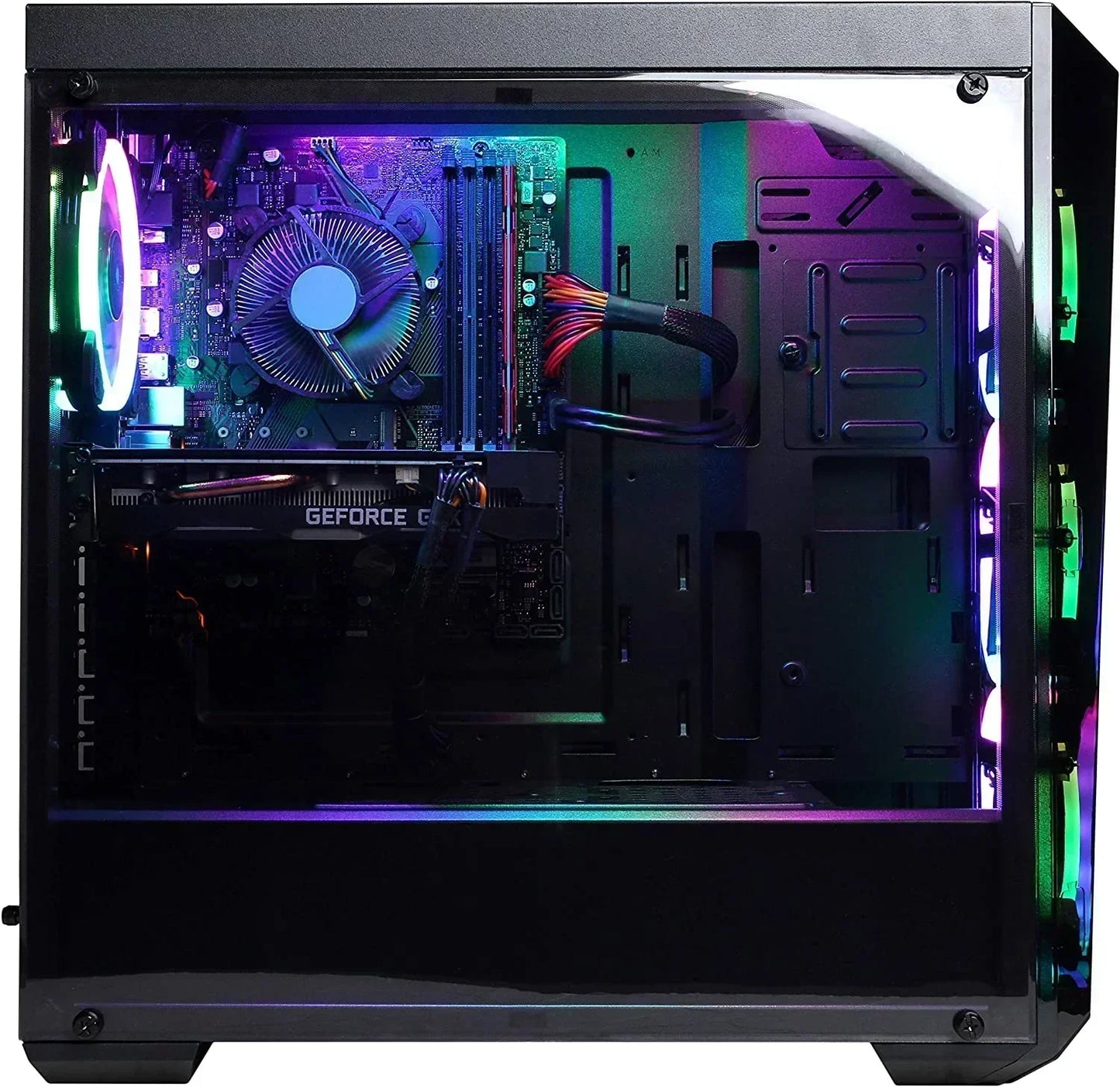 Gaming PC with RGB fans, GeForce graphics card and transparent side panel