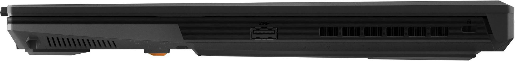 Side view of a black gaming laptop showing USB ports and cooling vents