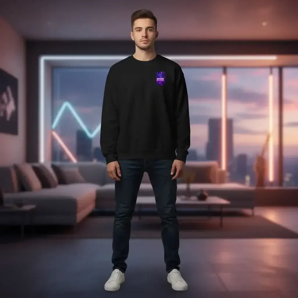 Young man wearing black sweatshirt with neon graphic standing in modern living room with city sunset view