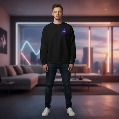 Young man wearing black sweatshirt with neon graphic standing in modern living room with city sunset view