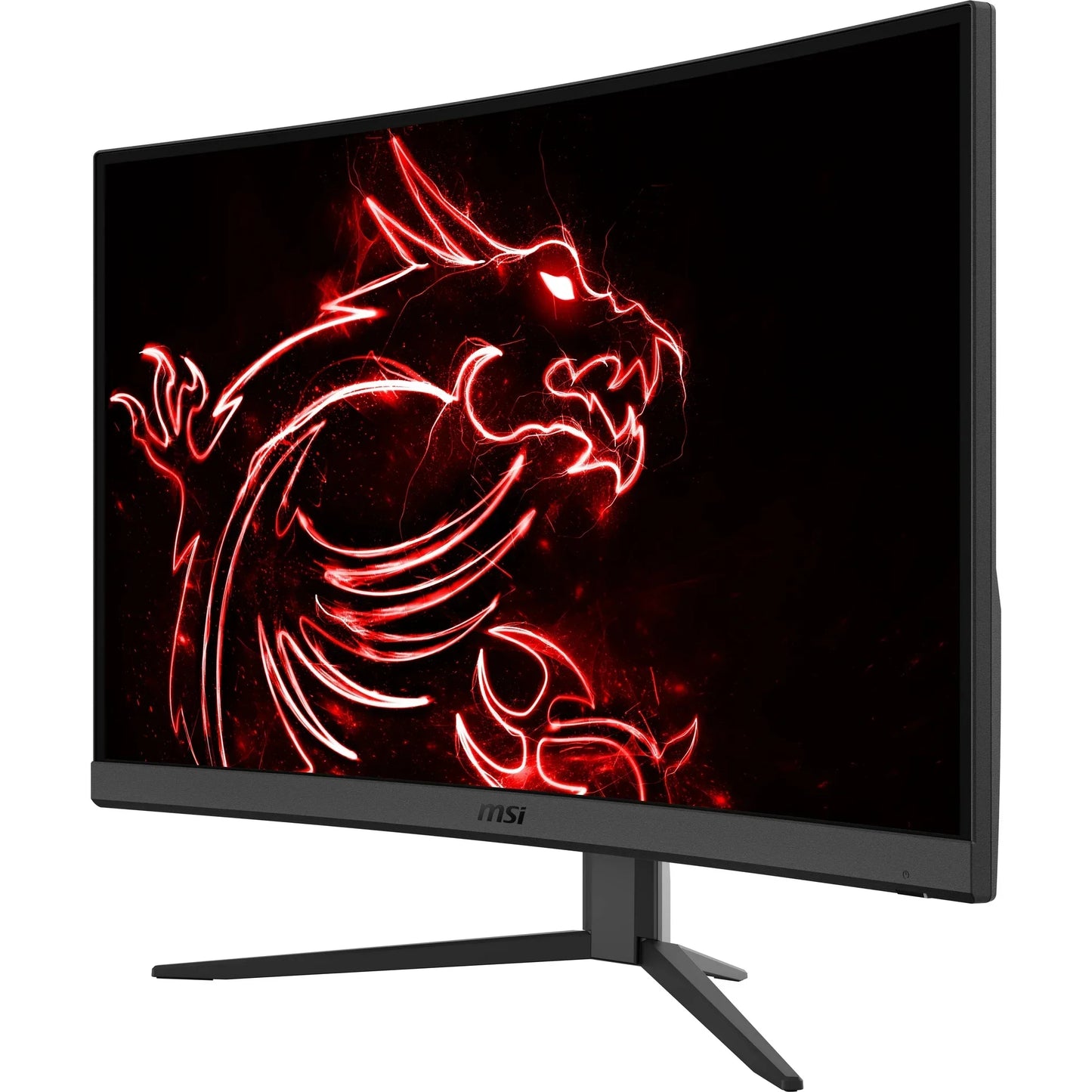 MSI curved gaming monitor displaying red glowing dragon graphic on black background