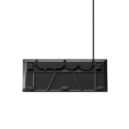 Bottom view of a black gaming keyboard showing cable routing and adjustable feet for ergonomic setup