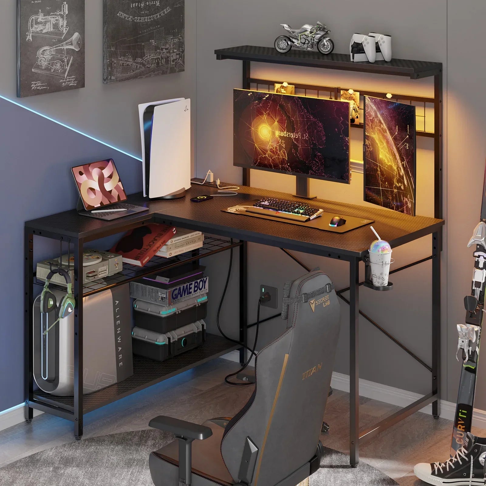 Modern gaming setup with dual monitors, white PlayStation 5, gaming chair, and carbon-fiber textured desk