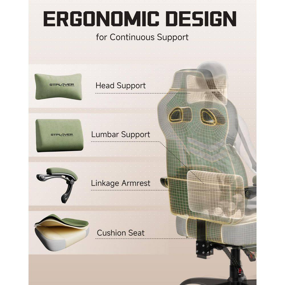 Ergonomic gaming chair with head, lumbar support, linkage armrests, and cushioned seat for continuous comfort