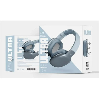 Ultra wireless Bluetooth headphones in sleek gray shown on packaging box, modern audio gear