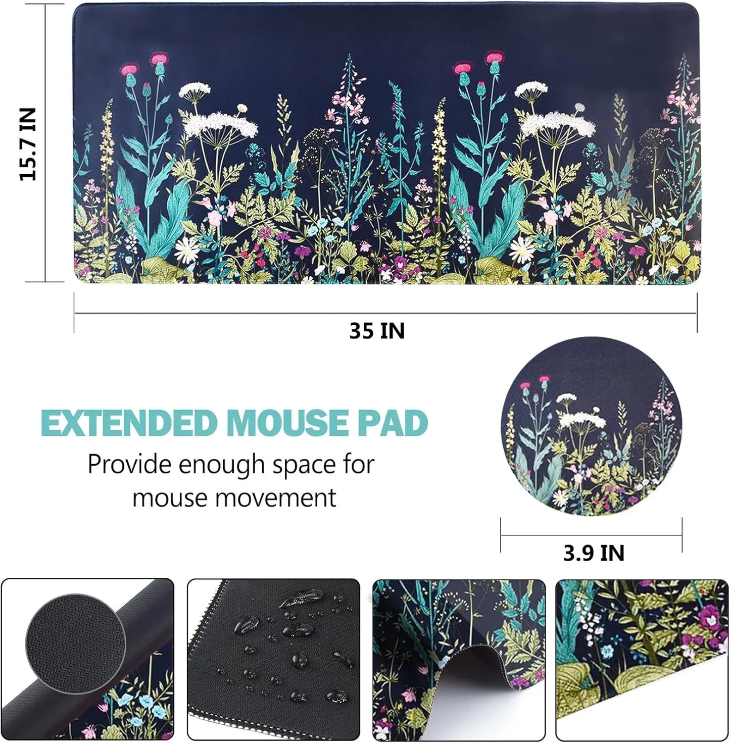 Extended mouse pad with colorful wildflower pattern on dark background, 35x15.7 inches, water-resistant surface