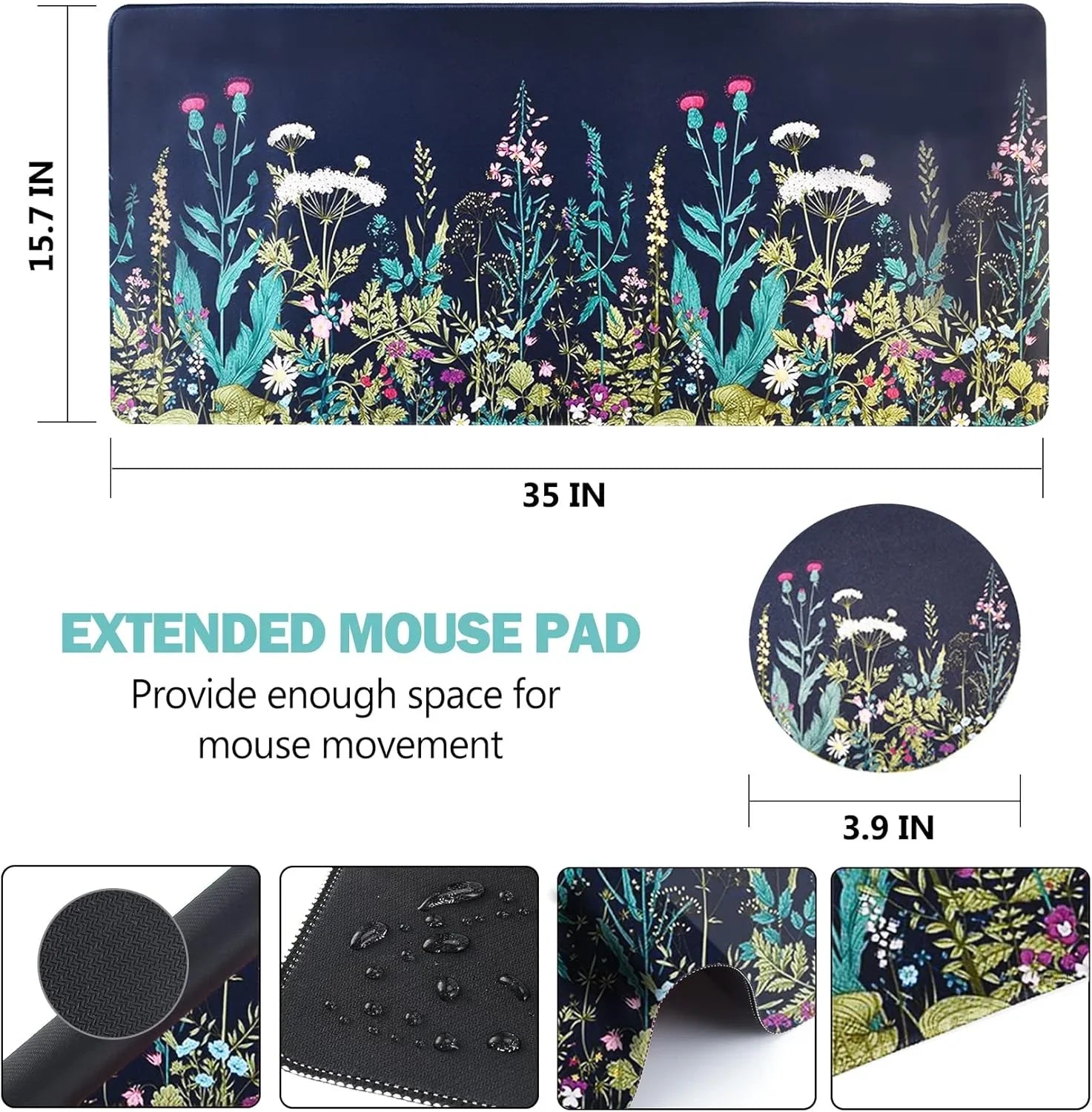 Extended mouse pad with colorful wildflower pattern on dark background, 35x15.7 inches, water-resistant surface