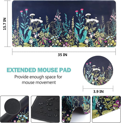 Extended mouse pad with colorful wildflower pattern on dark background, 35x15.7 inches, water-resistant surface