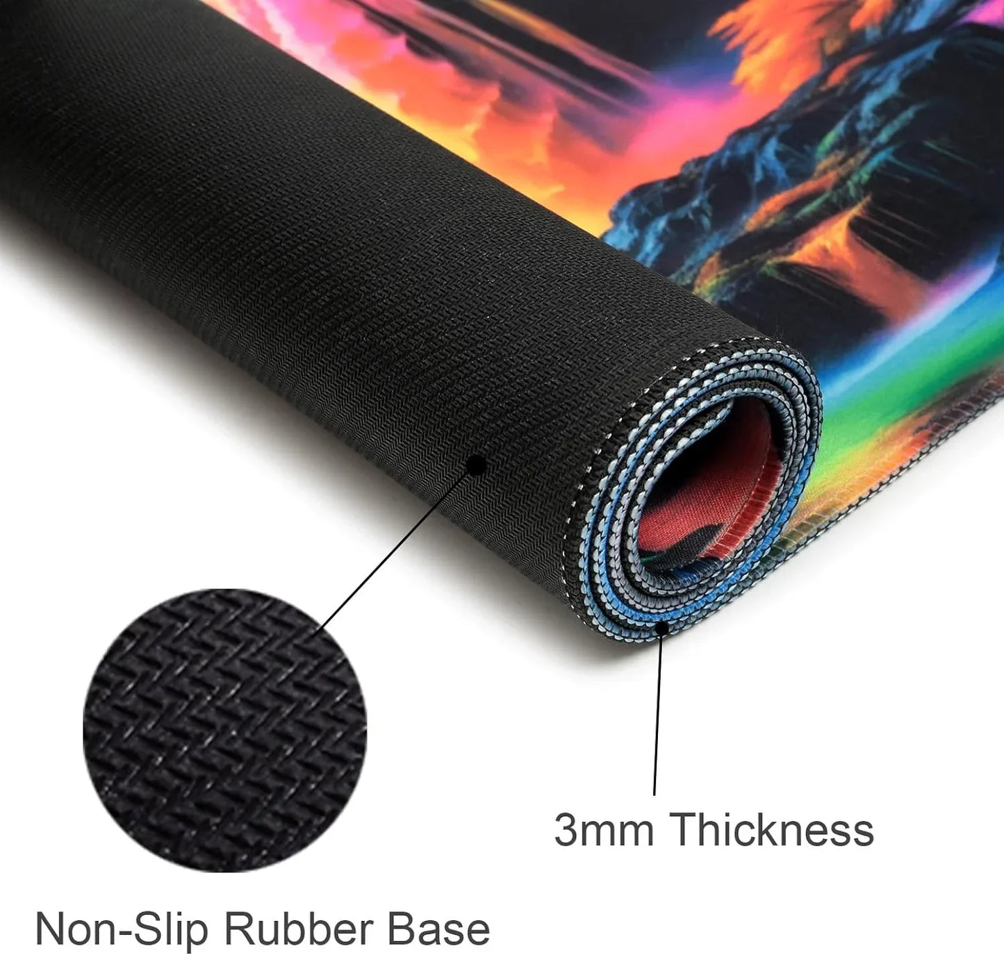 Rolled gaming mouse pad with non-slip rubber base and 3mm thickness, featuring vibrant retro design
