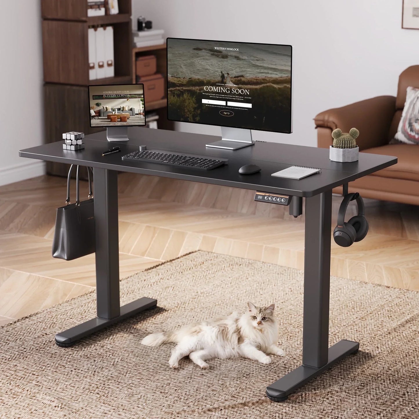 48" Electric Standing Desk - Adjustable Height Stand up Home Office Desk, Sit to Stand Desk with Splice Board, Rustic Brown Computer Table for Corner Small Space