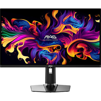MSI Arsenal Gaming monitor with vibrant, colorful abstract swirl design on screen and black stand