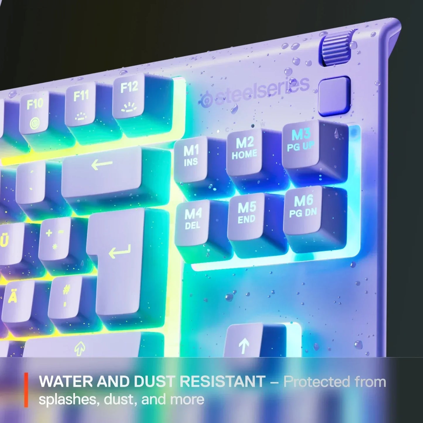 RGB gaming keyboard with water droplets, water and dust resistant, retro 8-bit style design