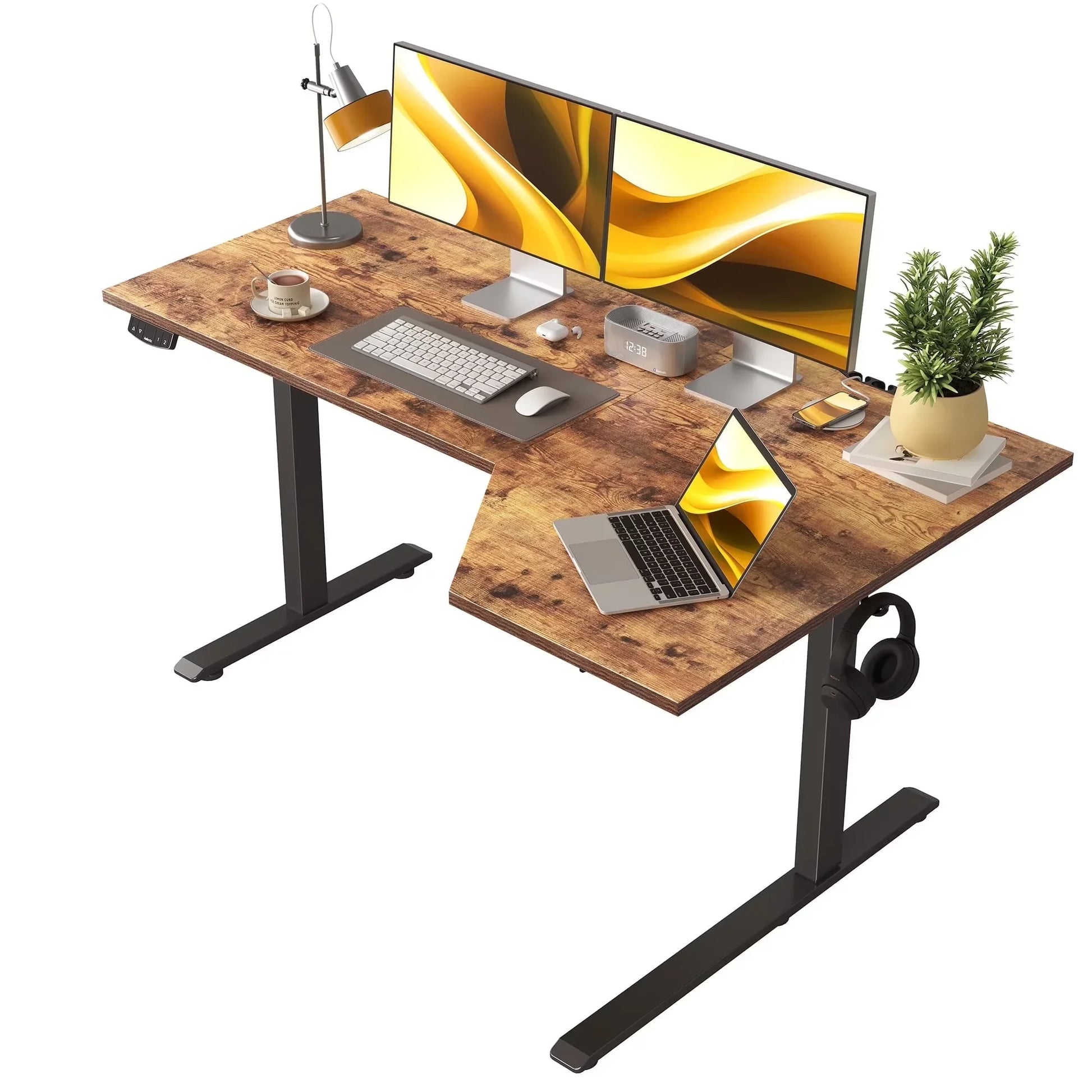 55.1 Inch Electric L-Shaped Height Adjustable Standing Desk, Sit to Stand Corner Desk with Memory Presets and Hooks, Ergonomic Home Office Computer Desk for Workstations, Rustic Brown