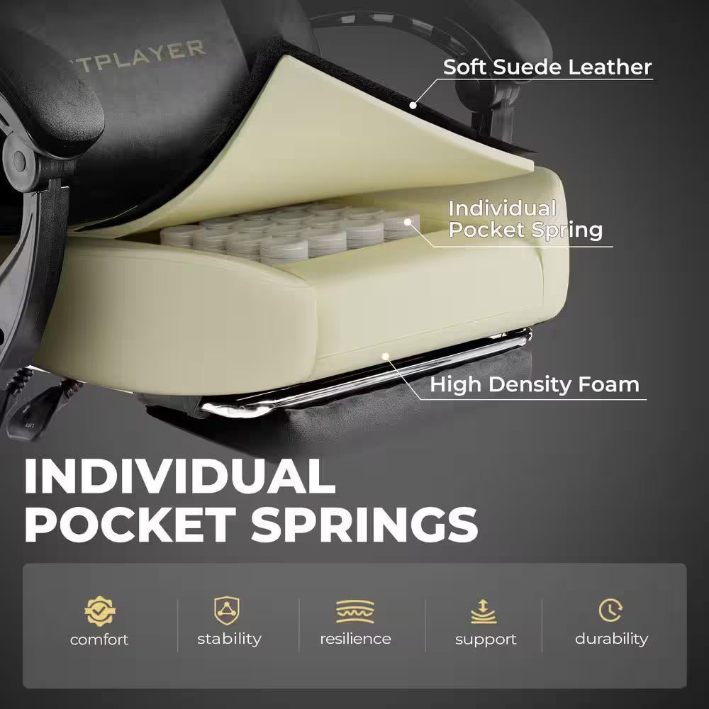 Gaming chair with individual pocket springs, soft suede leather, and high-density foam for comfort and support