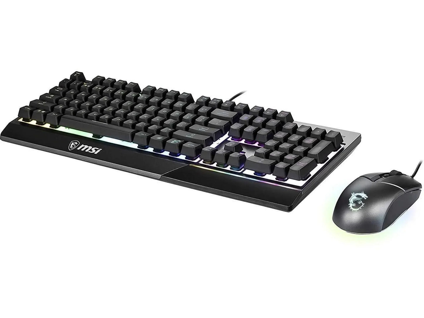 MSI RGB gaming keyboard and mouse set with backlighting on white background