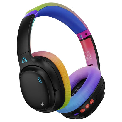 Wireless gaming headset with black ear cups and rainbow padded headband and ear pads