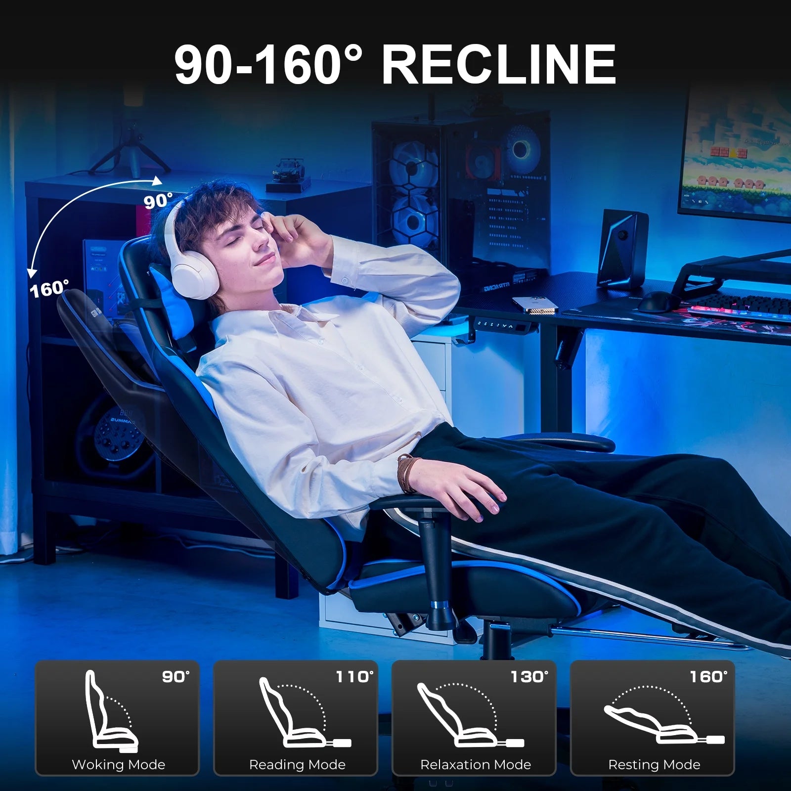 Gaming chair with 90-160° recline, perfect for gaming setup, relaxation, and ergonomic comfort.