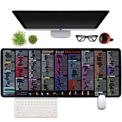 Top view of a modern workspace with an iMac, white keyboard and mouse, glasses, coffee cup, two small plants, and a large desk mat displaying colorful Excel shortcuts and office stretches