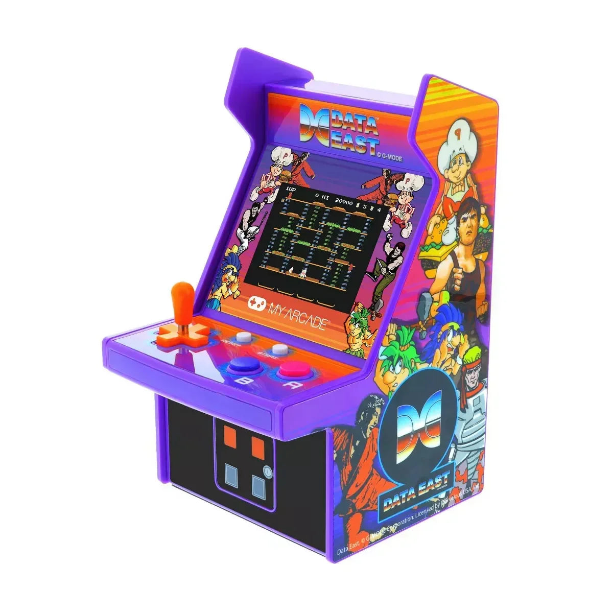 Retro purple mini Data East arcade machine with joystick, classic game screen, vibrant 8-bit art