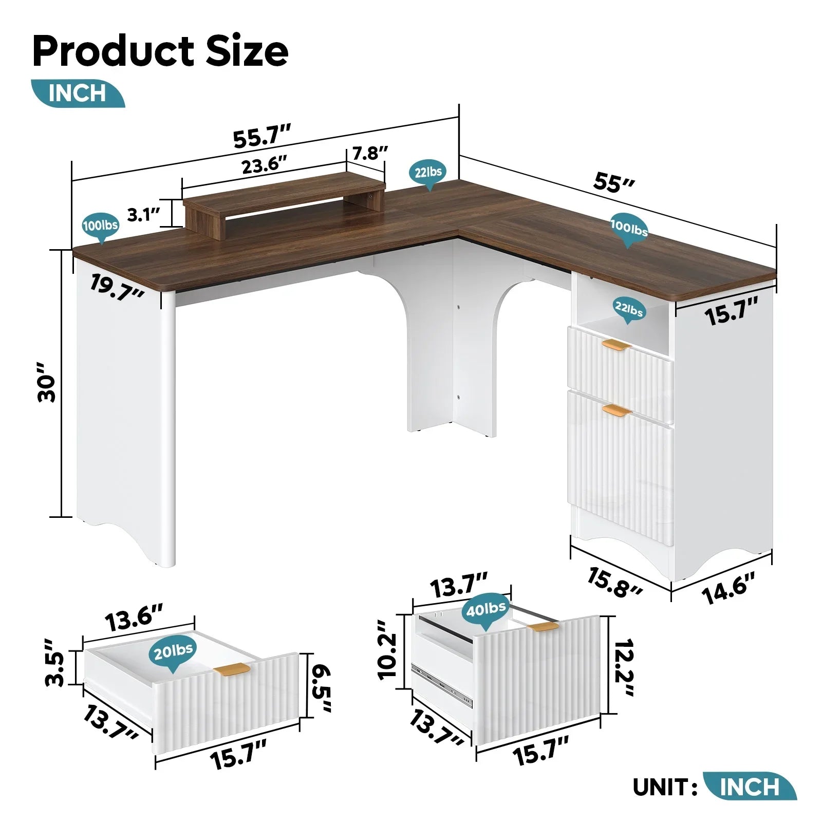 L Shaped Desk with Drawers, 55.7" X 55" Office Computer Desk with round Corners, Monitor Stand & Fluted Panels, White & Walnut