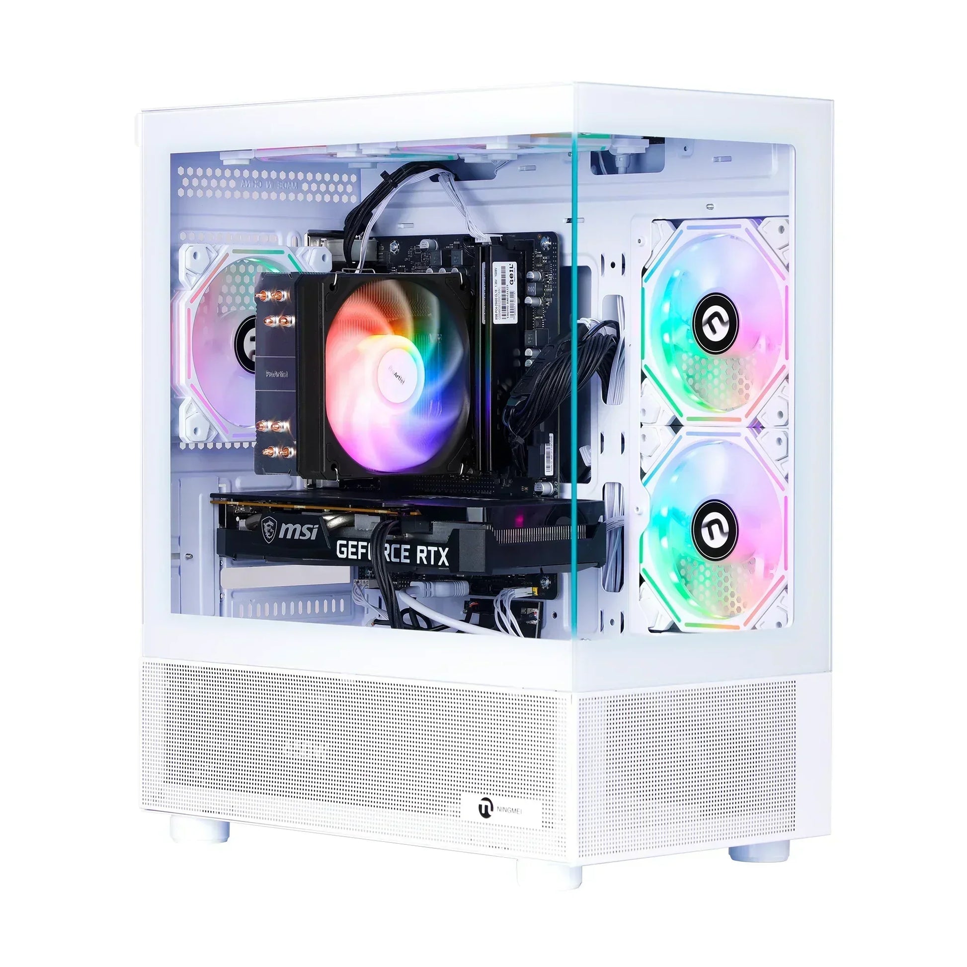 White gaming PC with glass panel, RGB fans, and MSI GeForce RTX graphics card