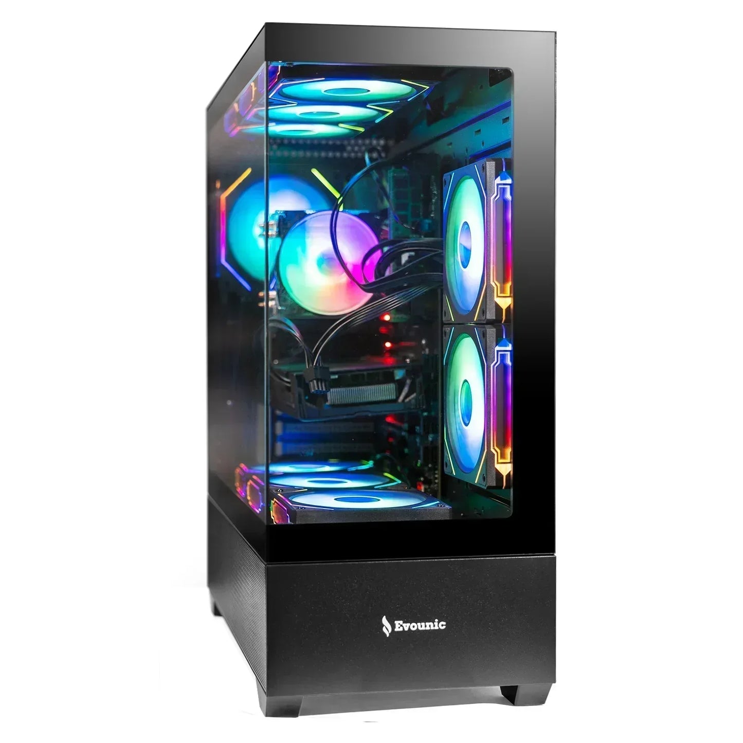 RGB gaming PC tower with glass side panel and colorful LED fans