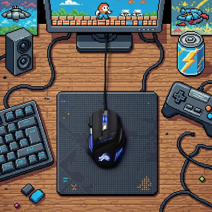 Retro gaming desk setup with RGB mouse, mouse pad, keyboard, game controller, and monitor
