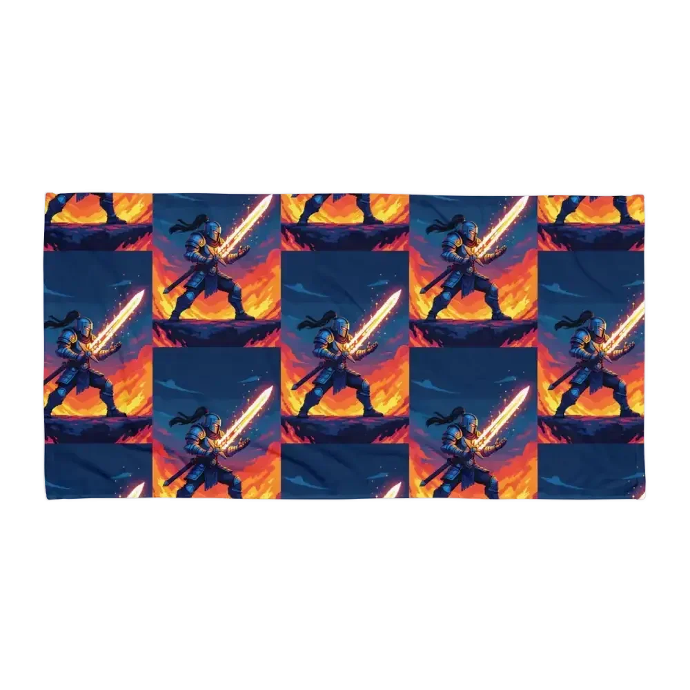 Pattern of armored knight wielding glowing sword against fiery background in pixel art style