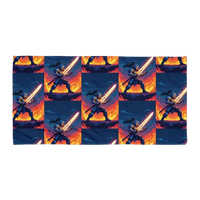 Pattern of armored knight wielding glowing sword against fiery background in pixel art style