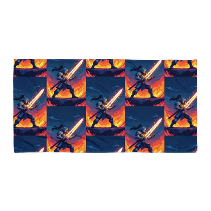 Pattern of armored knight wielding glowing sword against fiery background in pixel art style