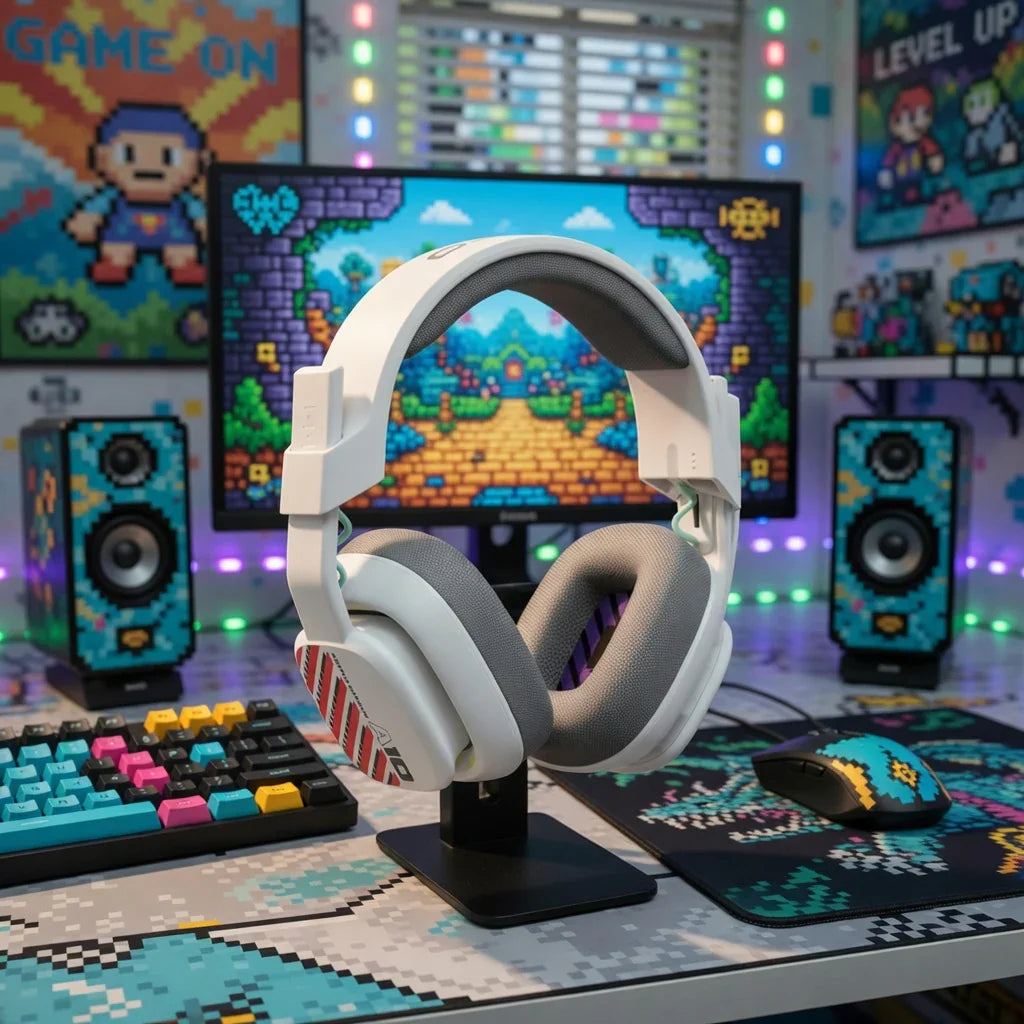 White gaming headset on stand in a retro 8-bit themed gaming setup with keyboard and mouse.