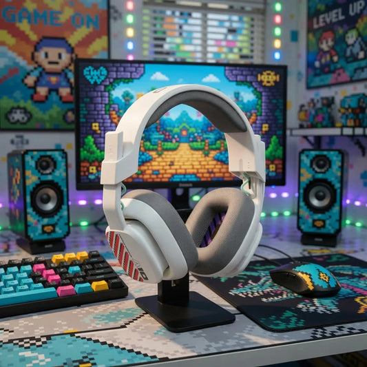 White gaming headset on stand in a retro 8-bit themed gaming setup with keyboard and mouse.