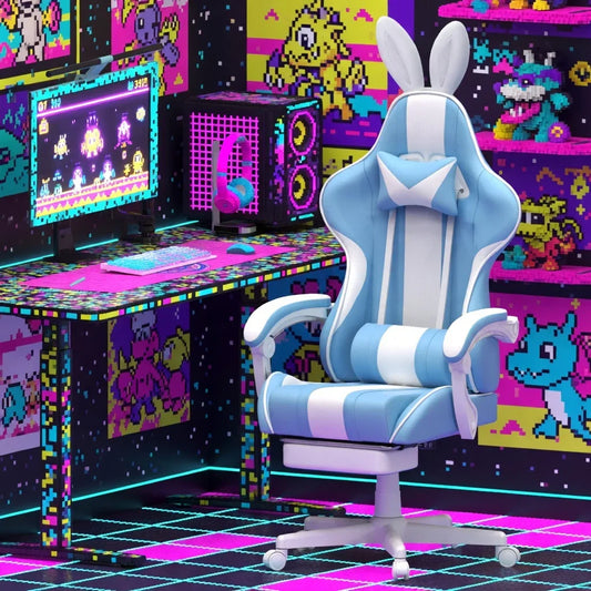 Blue and white gaming chair with bunny ears in a retro 8-bit themed gaming setup