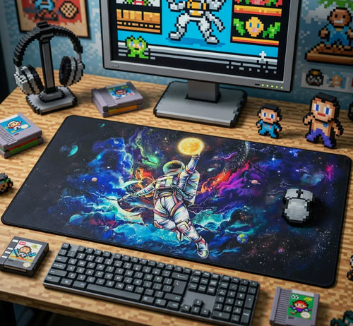 Retro gaming desk setup with pixel art decor, astronaut space desk mat, and classic accessories