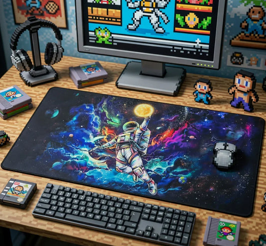 Retro gaming desk setup with pixel art decor, astronaut space desk mat, and classic accessories