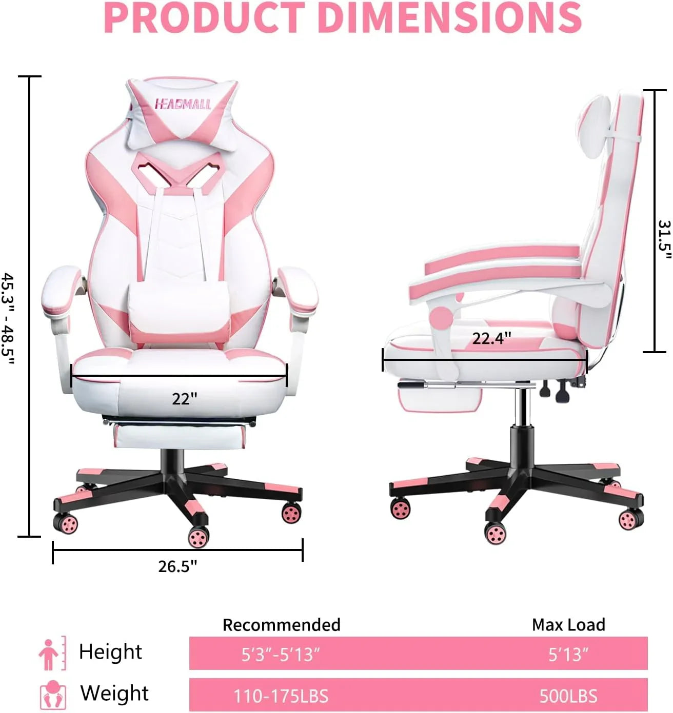 Pink and white ergonomic gaming chair with adjustable dimensions and wheels, shown front and side view