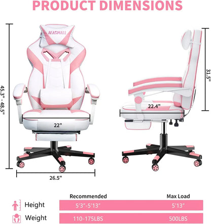 Pink and white ergonomic gaming chair with adjustable dimensions and wheels, shown front and side view