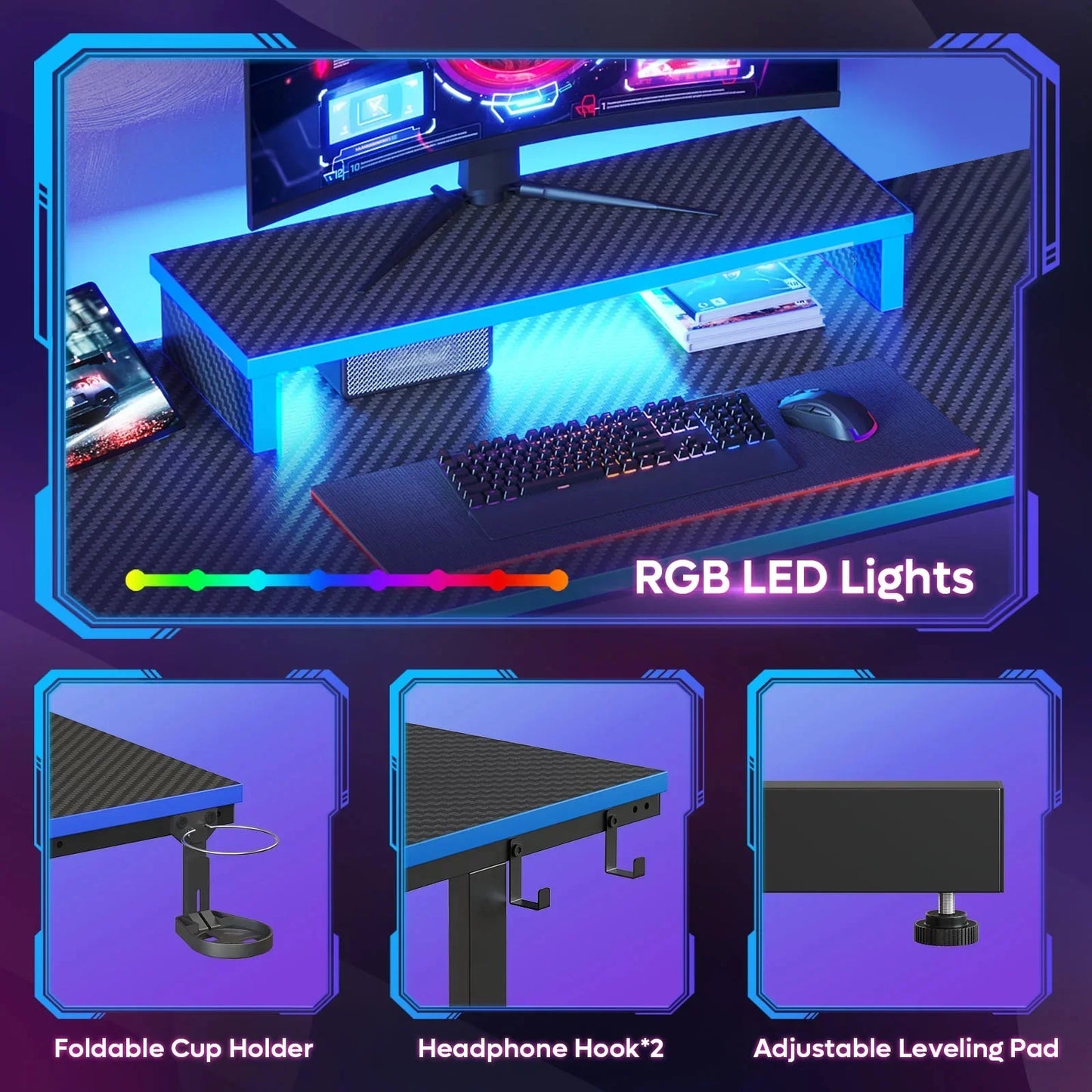 Gaming desk with carbon fiber texture, RGB LED lights, foldable cup holder, headphone hooks, and adjustable leveling pad