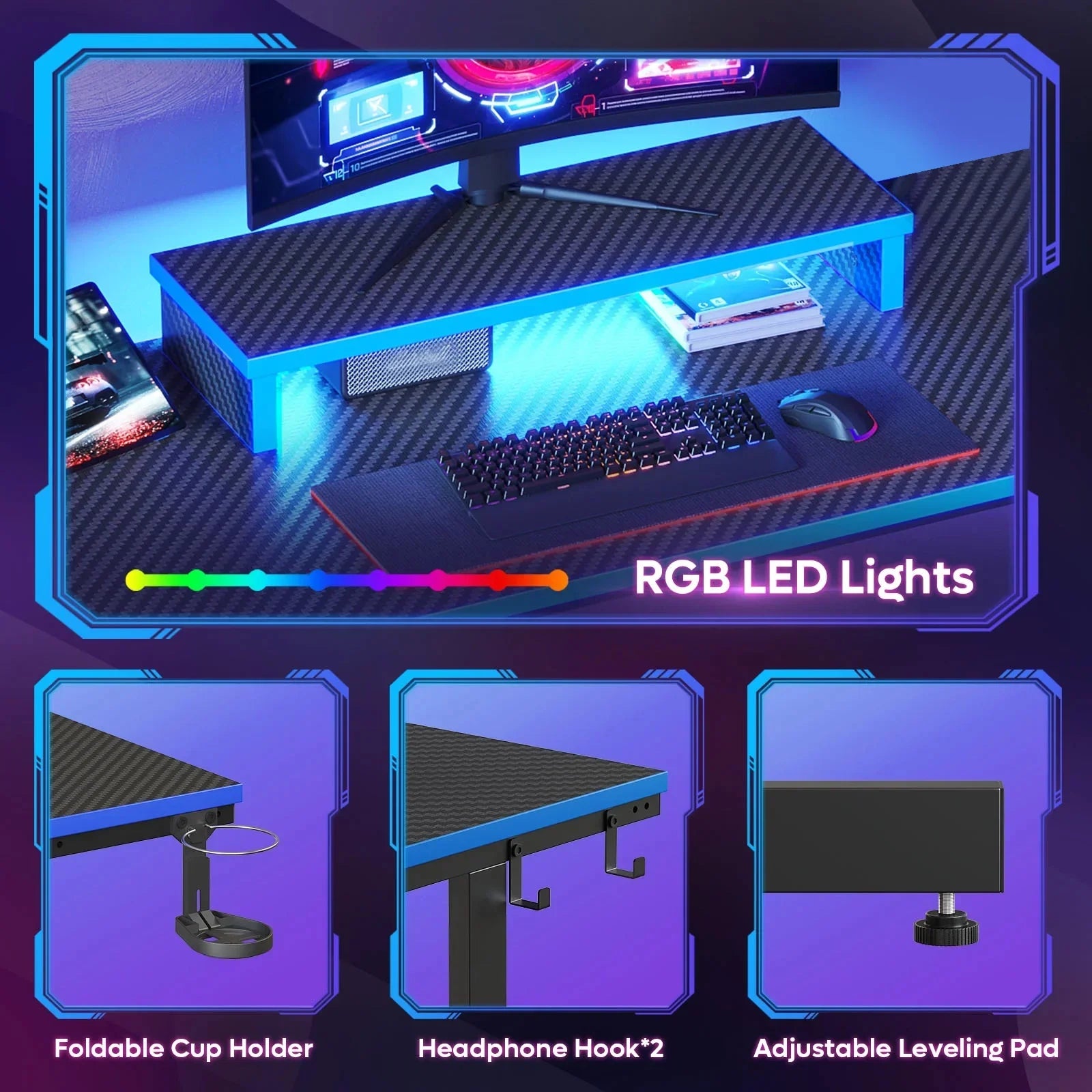 Gaming desk with carbon fiber texture, RGB LED lights, foldable cup holder, headphone hooks, and adjustable leveling pad